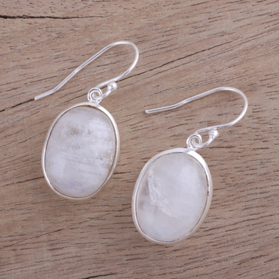Moonstone dangle earrings, 'Glowing Delight' - Oval Moonstone and Silver Dangle Earrings from India
