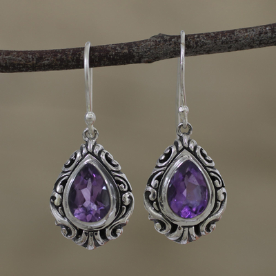 Amethyst dangle earrings, 'Lilac Shimmer' - Teardrop Amethyst Dangle Earrings from India