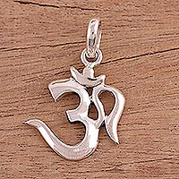 Sterling silver pendant, 'Majestic Om' - High-Polish Sterling Silver Om Pendant from India