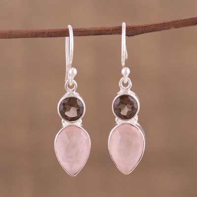 Rose quartz and smoky quartz dangle earrings, 'Dazzling Alliance' - Rose and Smoky Quartz Dangle Earrings from India
