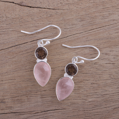 Rose quartz and smoky quartz dangle earrings, 'Dazzling Alliance' - Rose and Smoky Quartz Dangle Earrings from India