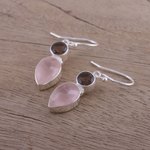 Rose quartz and smoky quartz dangle earrings, 'Dazzling Alliance' - Rose and Smoky Quartz Dangle Earrings from India