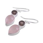 Rose quartz and smoky quartz dangle earrings, 'Dazzling Alliance' - Rose and Smoky Quartz Dangle Earrings from India