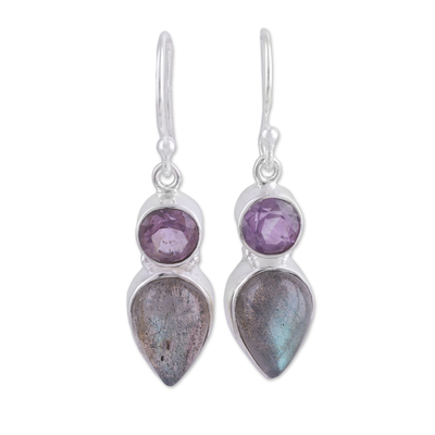 Labradorite and amethyst dangle earrings, 'Dazzling Alliance' - Labradorite and Amethyst Dangle Earrings from India