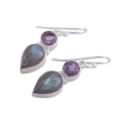 Labradorite and amethyst dangle earrings, 'Dazzling Alliance' - Labradorite and Amethyst Dangle Earrings from India