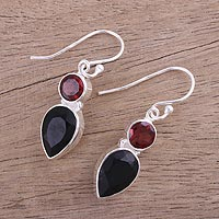 Onyx and garnet dangle earrings, 'Dazzling Alliance' - Handmade Black Onyx and Garnet Dangle Earrings from India