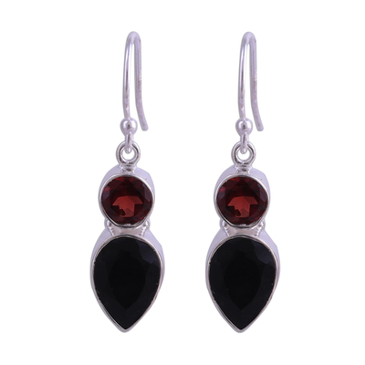 Onyx and garnet dangle earrings, 'Dazzling Alliance' - Handmade Black Onyx and Garnet Dangle Earrings from India