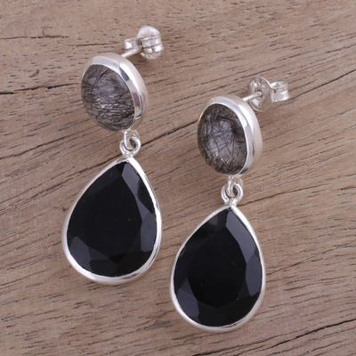 Onyx and tourmalinated quartz dangle earrings, 'Alluring Onyx' - Black Onyx and Tourmalinated Quartz Dangle Earrings