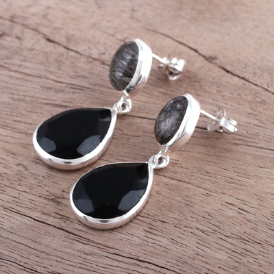 Onyx and tourmalinated quartz dangle earrings, 'Alluring Onyx' - Black Onyx and Tourmalinated Quartz Dangle Earrings