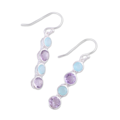 Amethyst and chalcedony dangle earrings, 'Trendy Orbs' - Handcrafted Amethyst and Blue Chalcedony Earrings from India