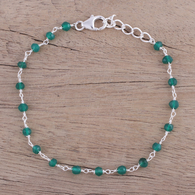 Onyx link bracelet, 'Beautiful Saga' - Handmade Adjustable Green Onyx Link Bracelet from India
