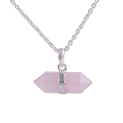 Rose quartz pendant necklace, 'Entrancing Crystal' - Adjustable Rose Quartz Crystal Pendant Necklace from India