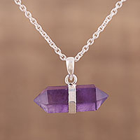Amethyst pendant necklace, 'Entrancing Crystal' - Adjustable Amethyst Crystal Pendant Necklace from India