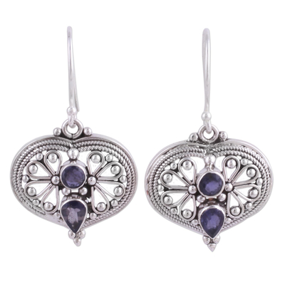 Iolite dangle earrings, 'Idyllic Love' - Natural Iolite and Silver Dangle Earrings from India