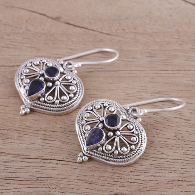 Iolite dangle earrings, 'Idyllic Love' - Natural Iolite and Silver Dangle Earrings from India