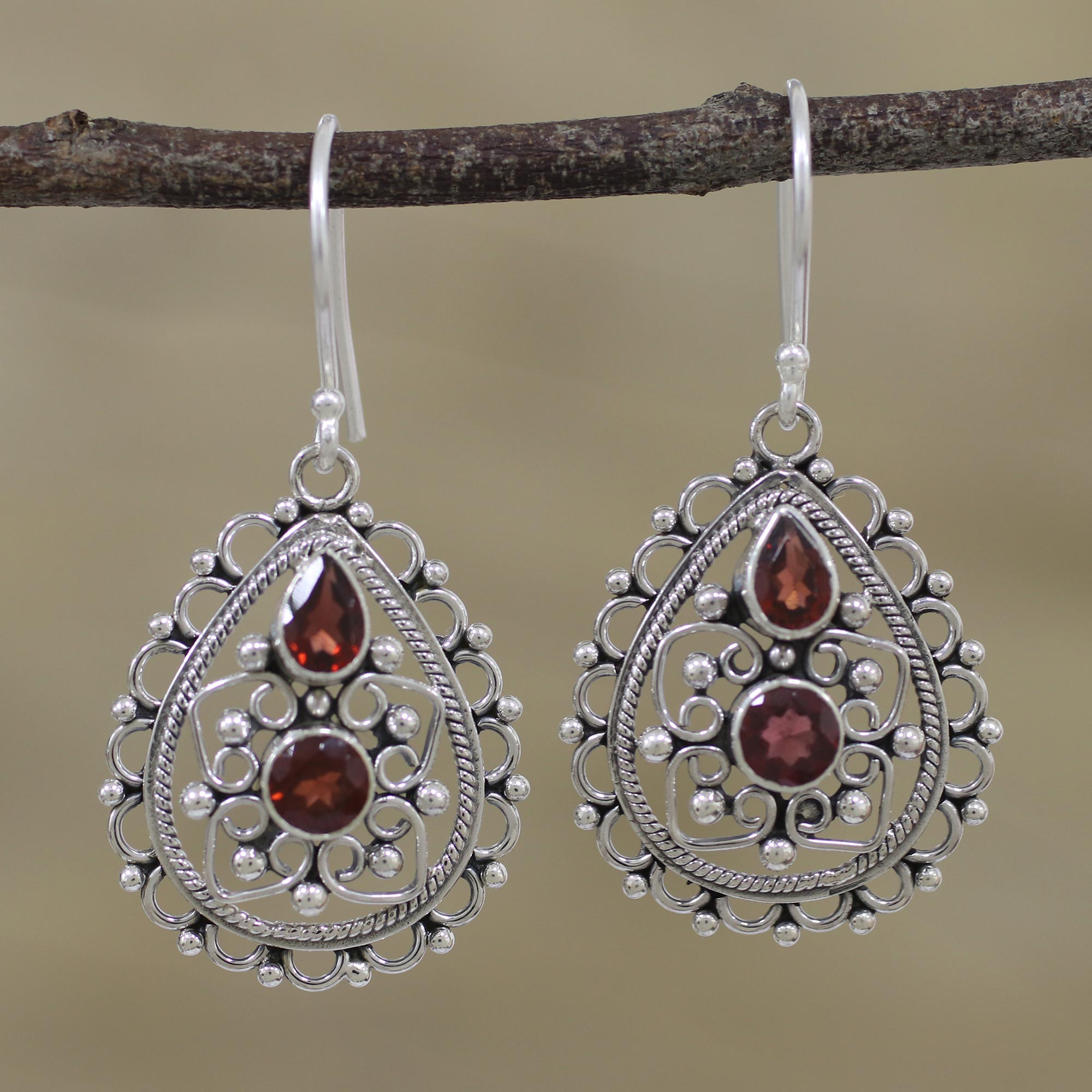 Natural Garnet and Silver Jali Dangle Earrings from India - Majestic ...