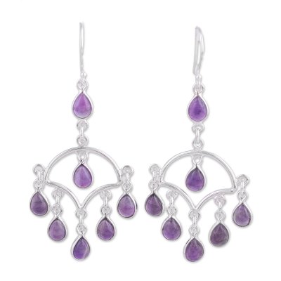Amethyst chandelier earrings, 'Majestic Raindrops' - Amethyst and Sterling Silver Chandelier Earrings from India