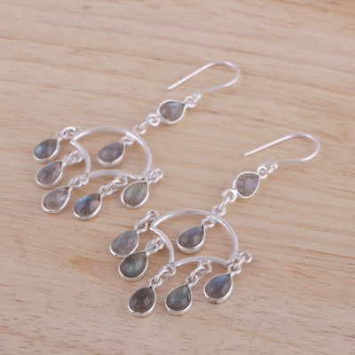 Labradorite chandelier earrings, 'Majestic Raindrops' - Labradorite and Silver Chandelier Earrings from India