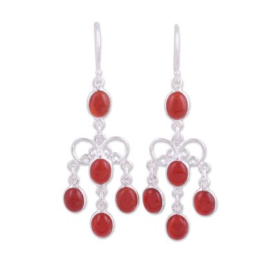 Carnelian chandelier earrings, 'Magnificent Cascade' - Natural Carnelian Chandelier Earrings from India