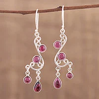 Garnet chandelier earrings, 'Windy Dance' - Garnet and Silver Swirling Chandelier Earrings from India