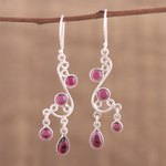 Garnet chandelier earrings, 'Windy Dance' - Garnet and Silver Swirling Chandelier Earrings from India