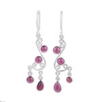 Garnet chandelier earrings, 'Windy Dance' - Garnet and Silver Swirling Chandelier Earrings from India
