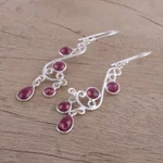 Garnet chandelier earrings, 'Windy Dance' - Garnet and Silver Swirling Chandelier Earrings from India