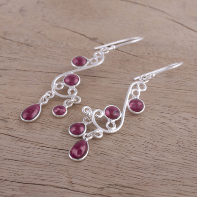 Garnet chandelier earrings, 'Windy Dance' - Garnet and Silver Swirling Chandelier Earrings from India
