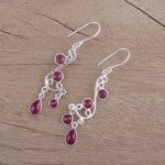 Garnet chandelier earrings, 'Windy Dance' - Garnet and Silver Swirling Chandelier Earrings from India