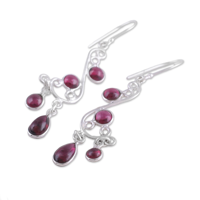 Garnet chandelier earrings, 'Windy Dance' - Garnet and Silver Swirling Chandelier Earrings from India