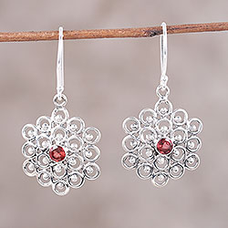 Garnet dangle earrings, 'Glistening Loops' - Garnet and Silver Looping Dangle Earrings from India
