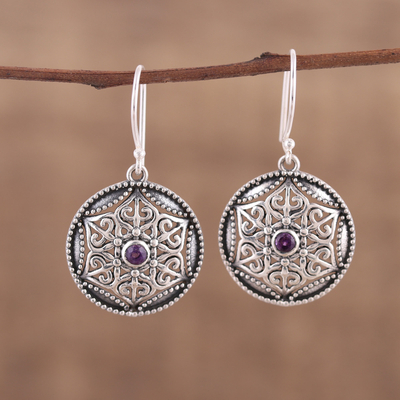 Dangle India Earrings Amethyst & Moonstone Sterling Silver Earrings Vintage Gemstone Ethnic Earrings.