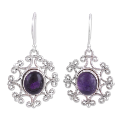 Amethyst dangle earrings, 'Oval Majesty' - Handcrafted Oval Amethyst Dangle Earrings from India