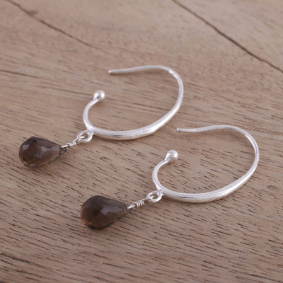 Smoky topaz dangle earrings, 'Trendy Drops' - Smoky Topaz Half-Hoop Dangle Earrings from India