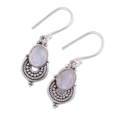 Rainbow moonstone dangle earrings, 'Undying Beauty' - Natural Rainbow Moonstone Dangle Earrings from India