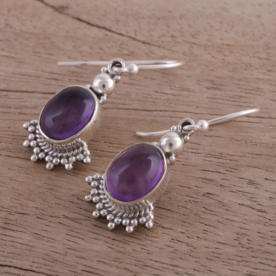 Amethyst dangle earrings, 'Gleaming Fans' - Fan-Shaped Purple Amethyst Dangle Earrings from India