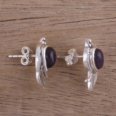 Amethyst button earrings, 'Leafy Drops' - Amethyst Leaf-Shaped Button Earrings from India