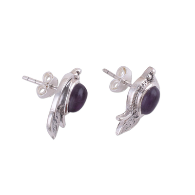 Amethyst button earrings, 'Leafy Drops' - Amethyst Leaf-Shaped Button Earrings from India