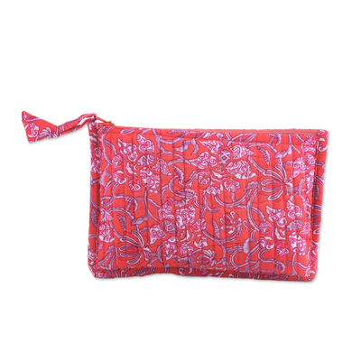 Floral Cotton Cosmetic Pouch in Strawberry from India