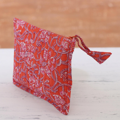 Cotton cosmetic pouch, 'Floral Excitement' - Floral Cotton Cosmetic Pouch in Strawberry from India