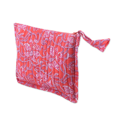 Cotton cosmetic pouch, 'Floral Excitement' - Floral Cotton Cosmetic Pouch in Strawberry from India
