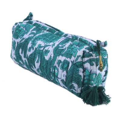 Cotton cosmetic bag, 'Viridian Garden' - Floral Cotton Cosmetic Bag in Viridian from India