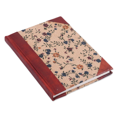 Leather accented jute journal, 'Flowering Memories' - Handcrafted Floral Leather Accent Jute Journal from India
