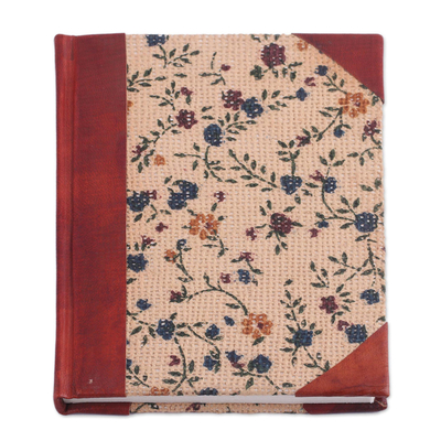 Leather accented jute journal, 'Flowering Memories' - Handcrafted Floral Leather Accent Jute Journal from India