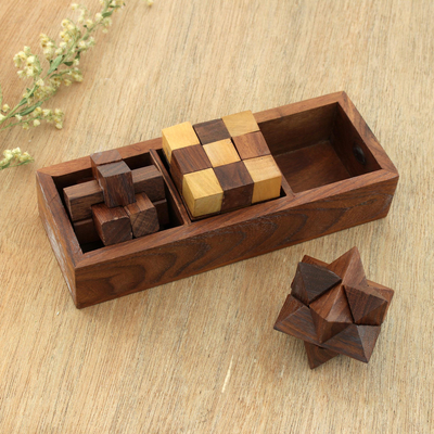 Holzpuzzle, (3er-Set) - Handgefertigte Holzpuzzles (3er-Set) aus Indien