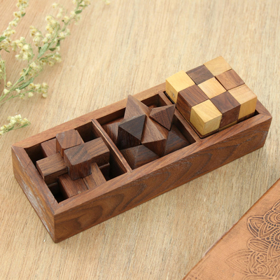 Rompecabezas de madera, (juego de 3) - Rompecabezas de madera hechos a mano (juego de 3) de la India