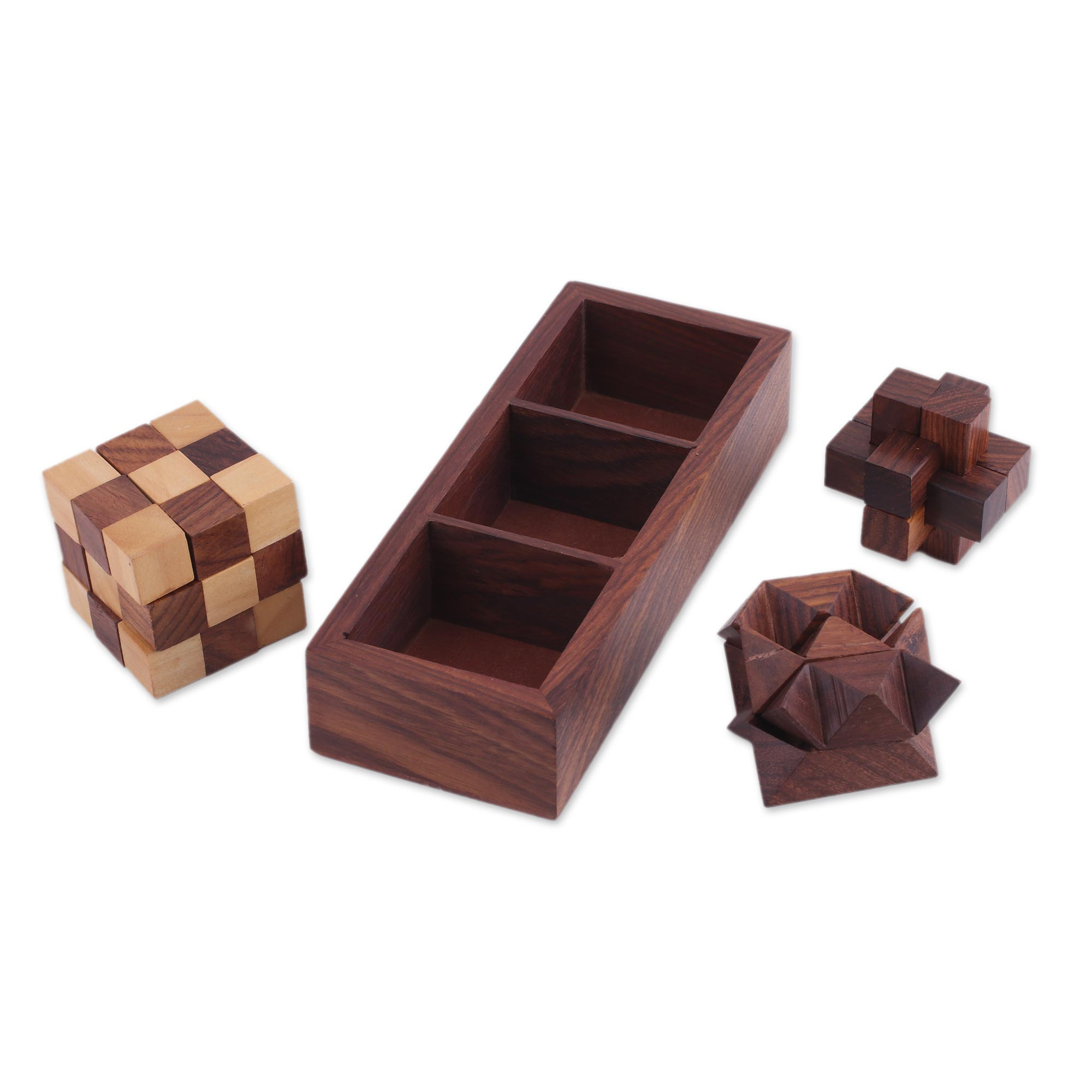 Handcrafted Wood Puzzles (Set of 3) from India - Challenging Trio | NOVICA