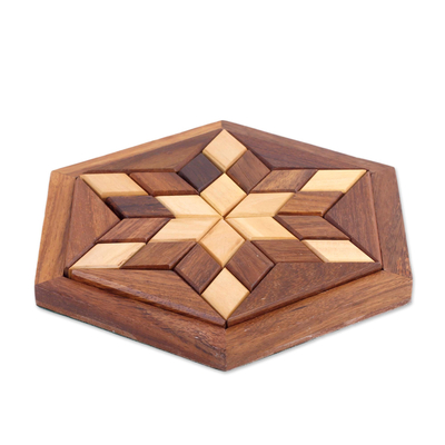 Wood puzzle, 'Rhombus Star' - Handcrafted Star-Shaped Wood Puzzle from India