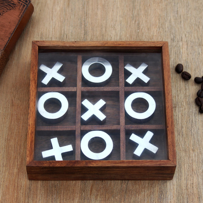 Wood and aluminum tic-tac-toe game, 'Silver Strategy' (6 inch) - Handmade Wood and Aluminum Tic Tac Toe Game (6 Inch)