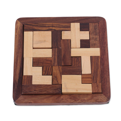 Wood puzzle, 'Mental Challenge' - Handcrafted Wood Puzzle in Brown and Beige from India